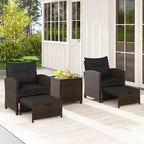 Costway Ensemble de Meubles de Patio en Rotin 5 Pièces avec 2 Ottomans et Table Basse en Verre Trempé Noir/Blanc Cassé/Bleu Marine/Rouge/Gris