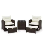 Costway Ensemble de Meubles de Patio en Rotin 5 Pièces avec 2 Ottomans et Table Basse en Verre Trempé Noir/Blanc Cassé/Bleu Marine/Rouge/Gris