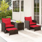 Costway Ensemble de Meubles de Patio en Rotin 5 Pièces avec 2 Ottomans et Table Basse en Verre Trempé Noir/Blanc Cassé/Bleu Marine/Rouge/Gris