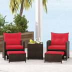 Costway Ensemble de Meubles de Patio en Rotin 5 Pièces avec 2 Ottomans et Table Basse en Verre Trempé Noir/Blanc Cassé/Bleu Marine/Rouge/Gris