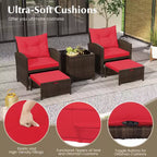 Costway Ensemble de Meubles de Patio en Rotin 5 Pièces avec 2 Ottomans et Table Basse en Verre Trempé Noir/Blanc Cassé/Bleu Marine/Rouge/Gris