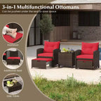 Costway Ensemble de Meubles de Patio en Rotin 5 Pièces avec 2 Ottomans et Table Basse en Verre Trempé Noir/Blanc Cassé/Bleu Marine/Rouge/Gris