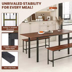 Costway Ensemble table à manger 3 pièces pour 4 à 6 personnes Table de cuisine de 160 cm avec 2 bancs Cadre en métal Noir/Noyer