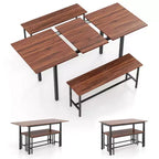 Costway Ensemble table à manger 3 pièces pour 4 à 6 personnes Table de cuisine de 160 cm avec 2 bancs Cadre en métal Noir/Noyer