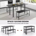 Costway Ensemble table à manger 3 pièces pour 4 à 6 personnes Table de cuisine de 160 cm avec 2 bancs Cadre en métal Noir/Noyer