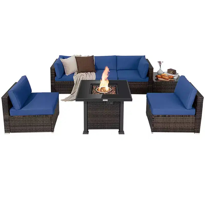 Costway Ensemble de Meubles de Patio en Rotin 7 Pièces, Housse de Table Foyer, Plateau en Verre, Coussins Blanc Cassé\Noir\Bleu Marine\Rouge\Turquoise