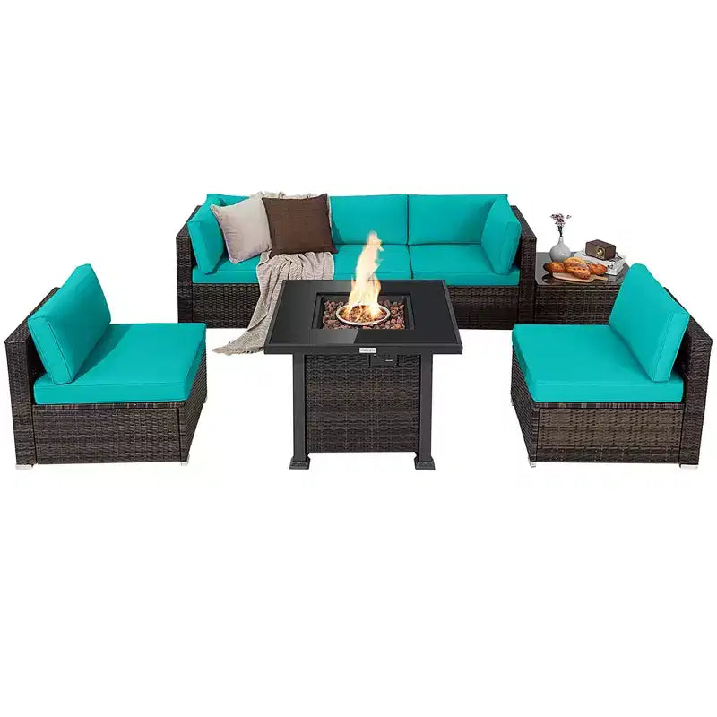 Costway Ensemble de Meubles de Patio en Rotin 7 Pièces, Housse de Table Foyer, Plateau en Verre, Coussins Blanc Cassé\Noir\Bleu Marine\Rouge\Turquoise