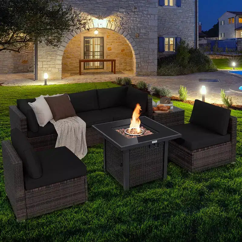 Costway 7PCS Patio Rattan Furniture Set Fire Pit Table Cover Glass Top Cushion Off White\Black\Navy\Red\Turquoise