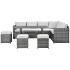 Ensemble de meubles de patio Outsunny 7 pièces, canapé d'angle extérieur en L avec 3 causeuses, 3 poufs, table à manger, coussins, rangement