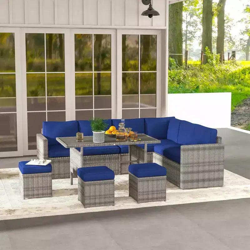 Ensemble de meubles de patio Outsunny 7 pièces, canapé d'angle extérieur en L avec 3 causeuses, 3 poufs, table à manger, coussins, rangement