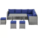 Ensemble de meubles de patio Outsunny 7 pièces, canapé d'angle extérieur en L avec 3 causeuses, 3 poufs, table à manger, coussins, rangement