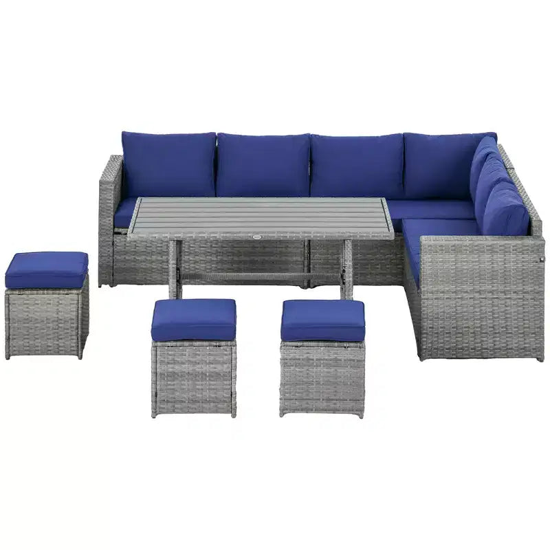 Ensemble de meubles de patio Outsunny 7 pièces, canapé d'angle extérieur en L avec 3 causeuses, 3 poufs, table à manger, coussins, rangement