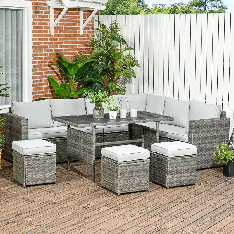 Ensemble de meubles de patio Outsunny 7 pièces, canapé d'angle extérieur en L avec 3 causeuses, 3 poufs, table à manger, coussins, rangement