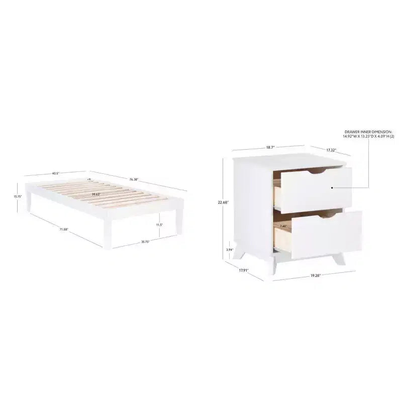 Lit plateforme jumeau et table de chevet Powell Pensy