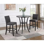Biony 3-Piece 36 Round Espresso Finish Bar Table with 2 Gray Fabric Nail Head Pub Chairs