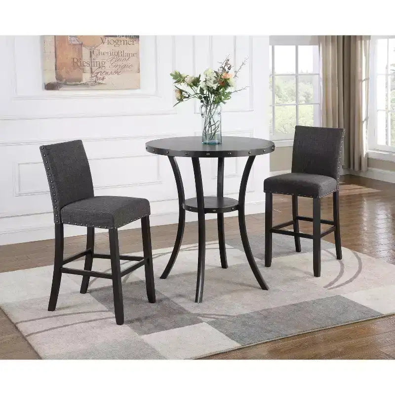 Biony 3-Piece 36 Round Espresso Finish Bar Table with 2 Gray Fabric Nail Head Pub Chairs