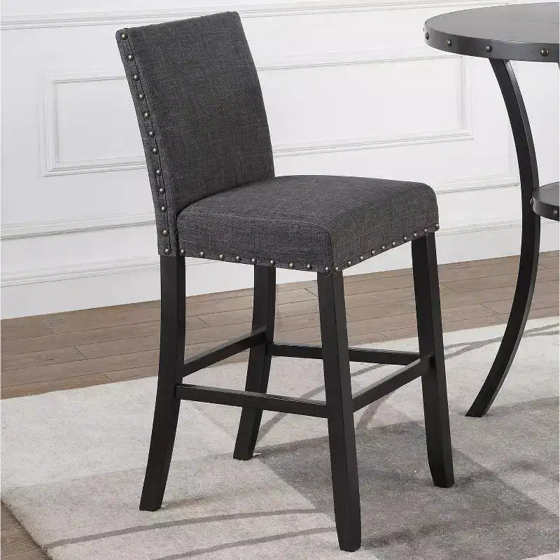 Table de bar ronde Biony 3 pièces 36 po au fini espresso avec 2 chaises de pub en tissu gris à têtes cloutées