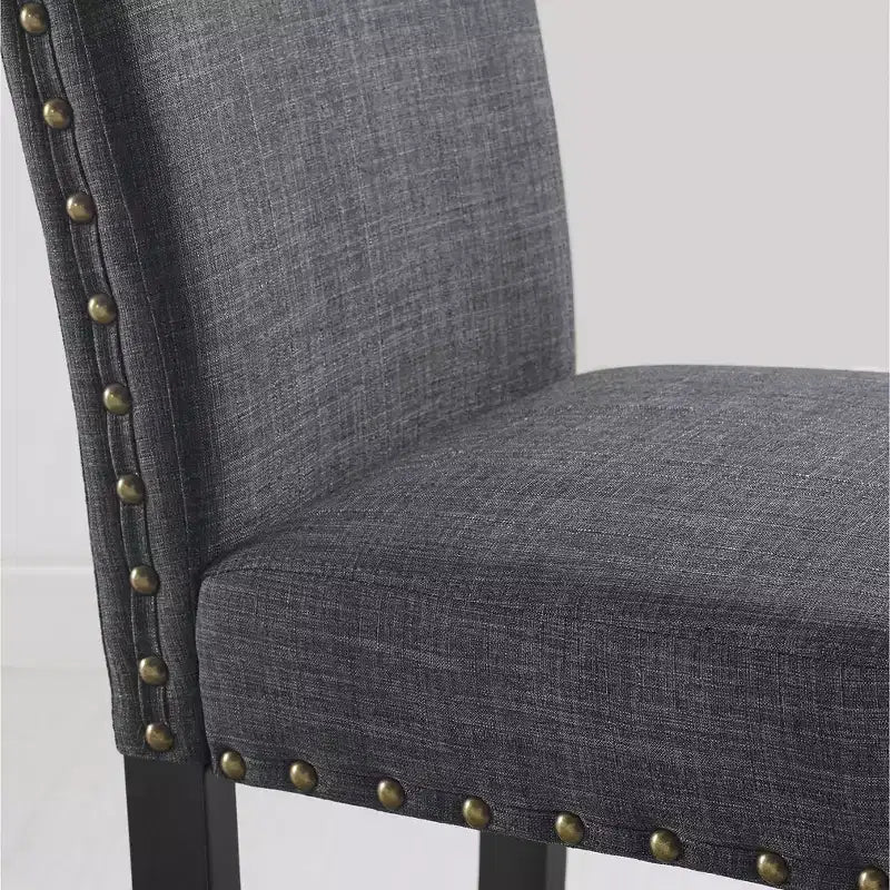 Table de bar ronde Biony 3 pièces 36 po au fini espresso avec 2 chaises de pub en tissu gris à têtes cloutées