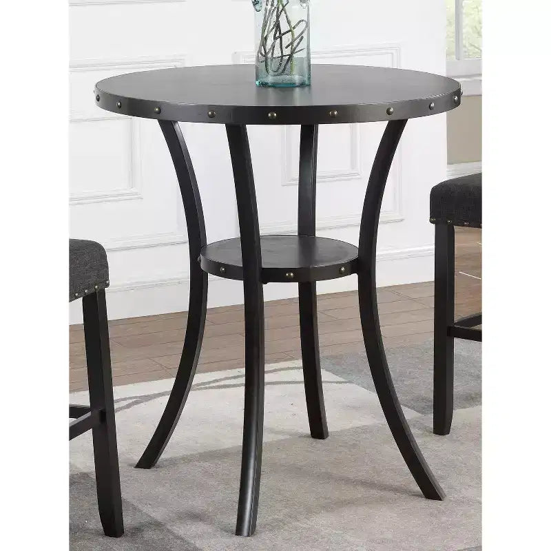 Table de bar ronde Biony 3 pièces 36 po au fini espresso avec 2 chaises de pub en tissu gris à têtes cloutées