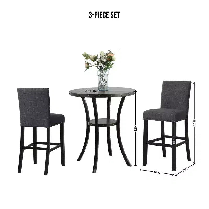 Table de bar ronde Biony 3 pièces 36 po au fini espresso avec 2 chaises de pub en tissu gris à têtes cloutées