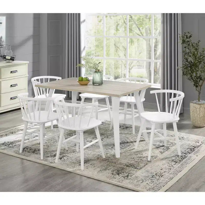 Alwynn White and Natural Wood 7-piece Dining Set, Dining Table with 6 Windsor Chairs