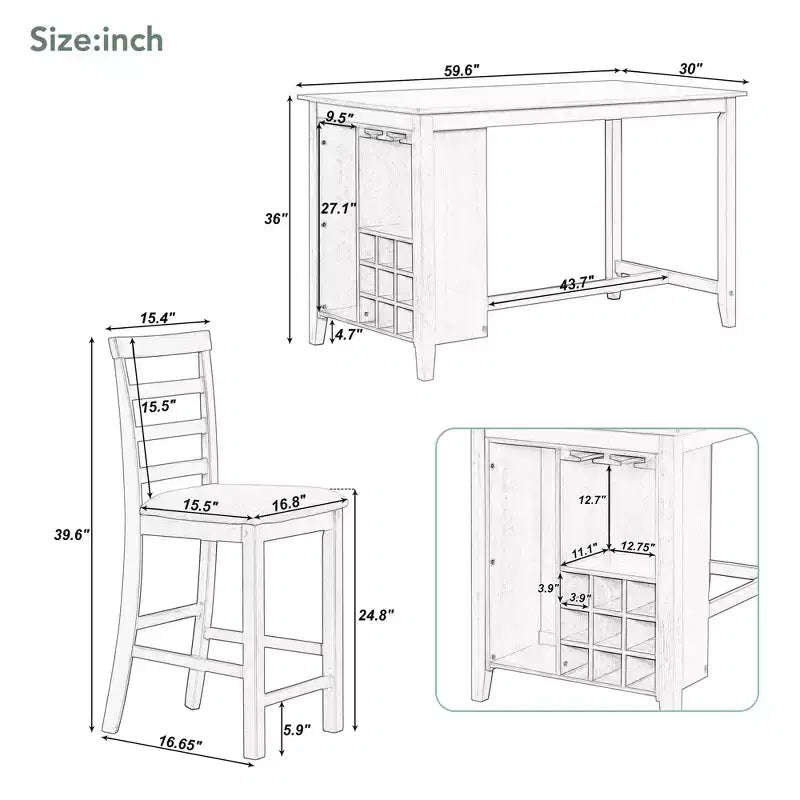 Ensemble de salle à manger Whisen 5 pièces multifonctionnel en bois d'hévéa à hauteur de comptoir avec 4 chaises rembourrées