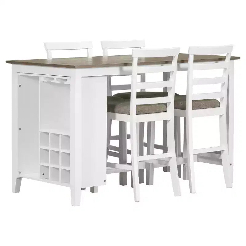 Ensemble de salle à manger Whisen 5 pièces multifonctionnel en bois d'hévéa à hauteur de comptoir avec 4 chaises rembourrées